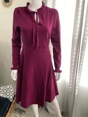 Boden Pink Knit Sweater Dress Ruffle Neck Tie Waist Long Sleeve Womens 6R